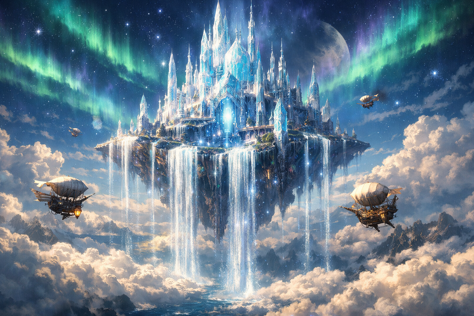Fantasy floating crystal castle with aurora borealis digital artwork created using Nano Banana 2 AI generator