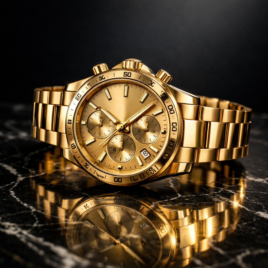 Photorealistic gold chronograph watch product photography generated by Nano Banana 2 AI image generator