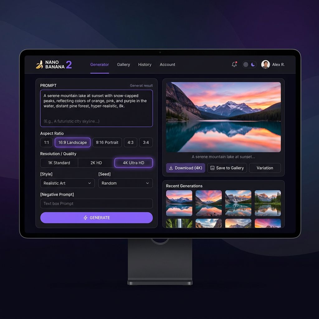 Nano Banana 2 AI image generator interface with prompt input, aspect ratio selector, and 4K resolution settings