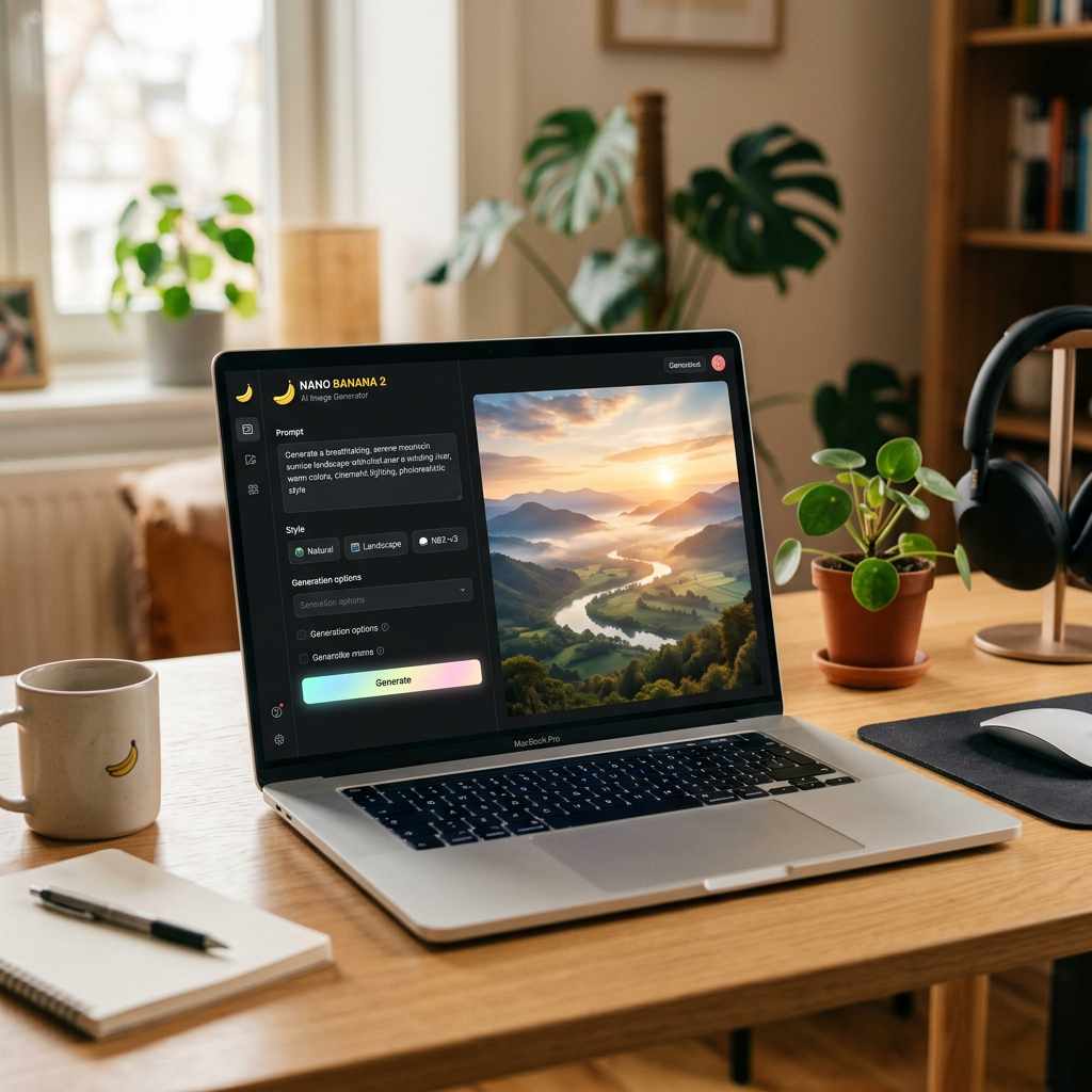 Nano Banana 2 free AI image generator open on laptop in creative workspace showing generated landscape