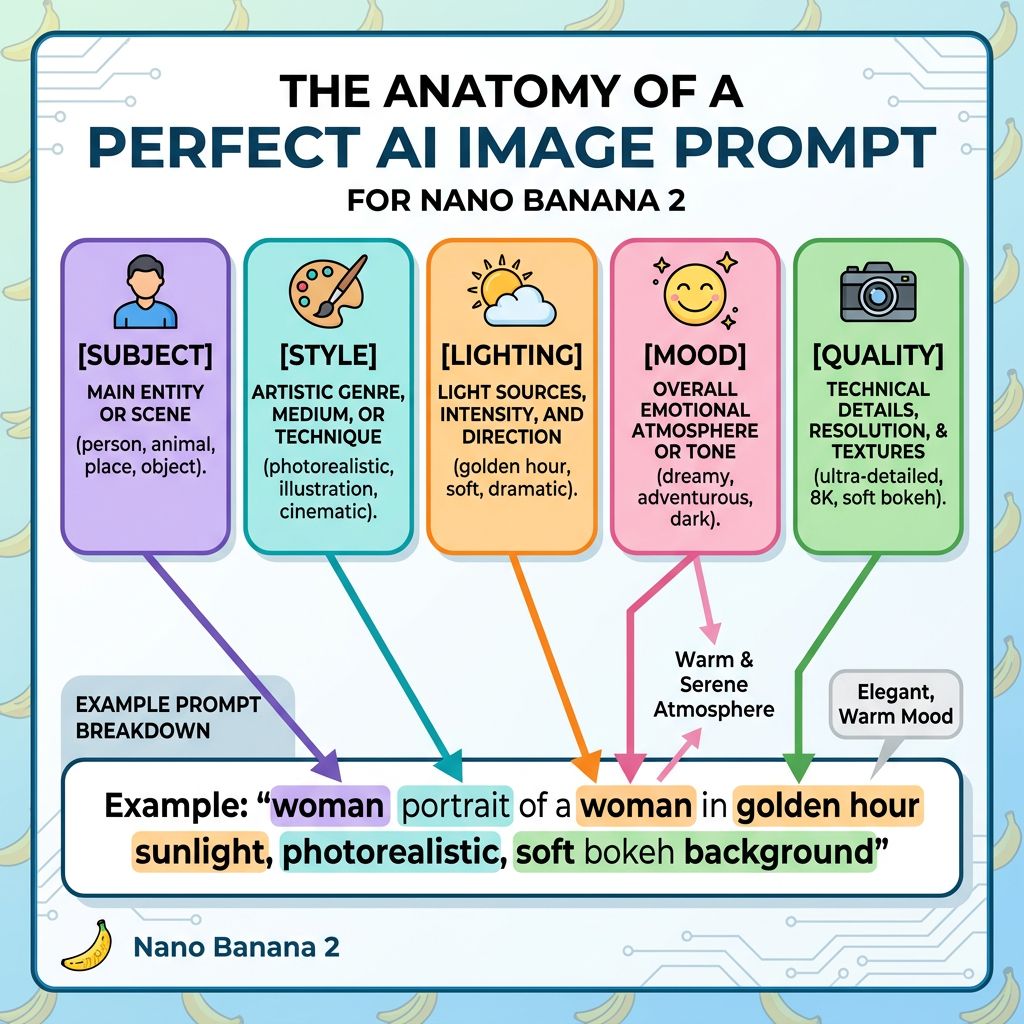 Anatomy of a perfect Nano Banana 2 AI image prompt showing subject, style, lighting, mood and quality elements