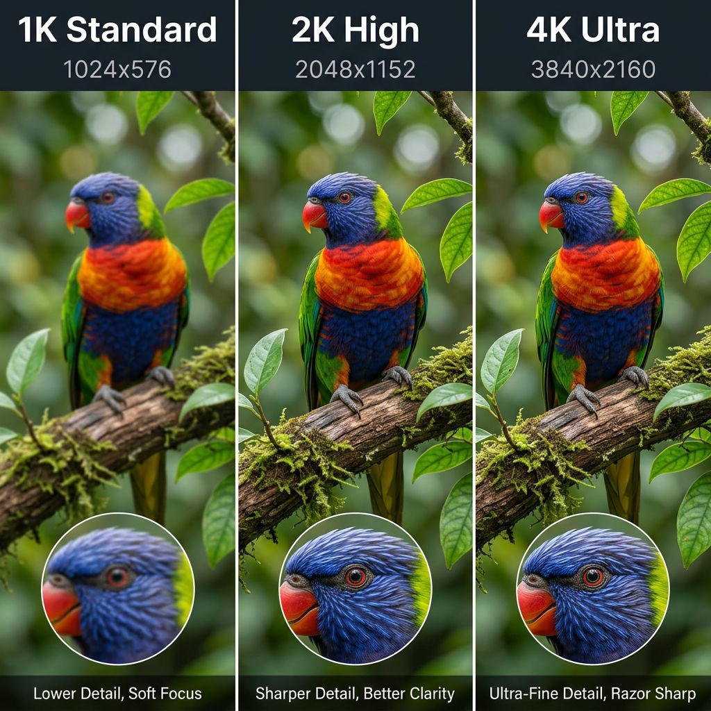 Nano Banana 2 image resolution comparison between 1K standard, 2K high detail, and 4K ultra quality output